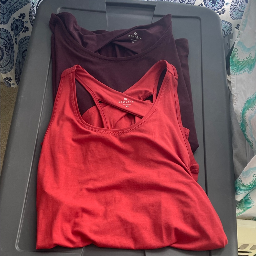 Athleta Vibrant Red-Orange Tank and Deep Purple Long Sleeve Top Bundle XL